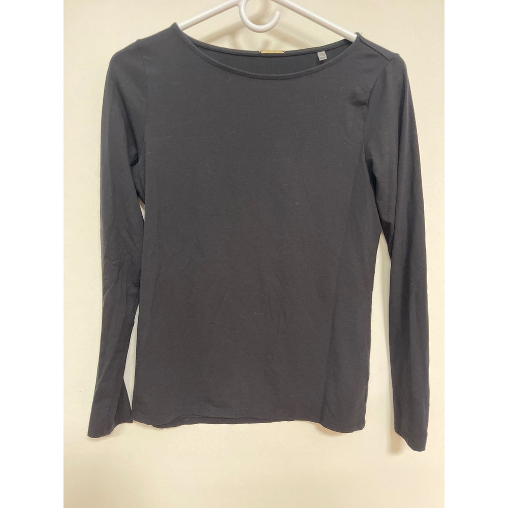 Elie Tahari Black Long Sleeve Boat Neck Top Gold Logo Bar Small